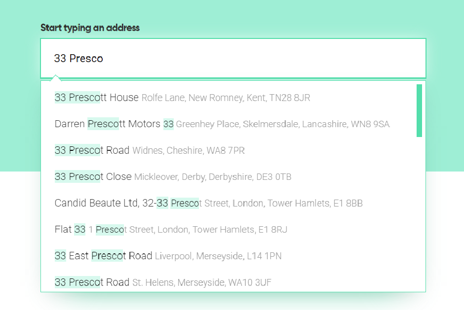 example of an address autocomplete service returning several address for the input 33 presto