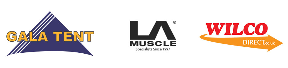 L-R: Gala Tent logo, LA Muscle logo, Wilco direct logo