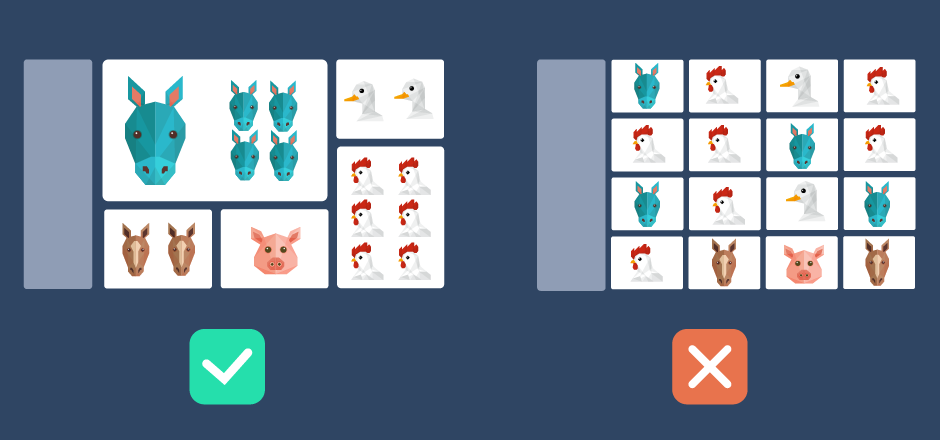 Two dashboards compared - LHS with animals grouped together in hierarchical cards and green tick below, RHS with 16 cards with different animals and red cross below