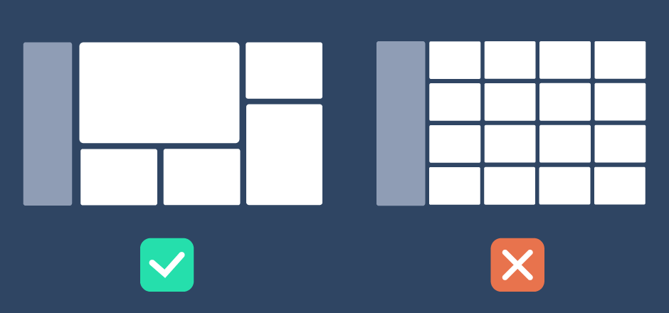 Two dashboards compared - LHS with 5 cards in a heirarchical layout and green tick below, RHS with 16 equal sized cards and red cross below