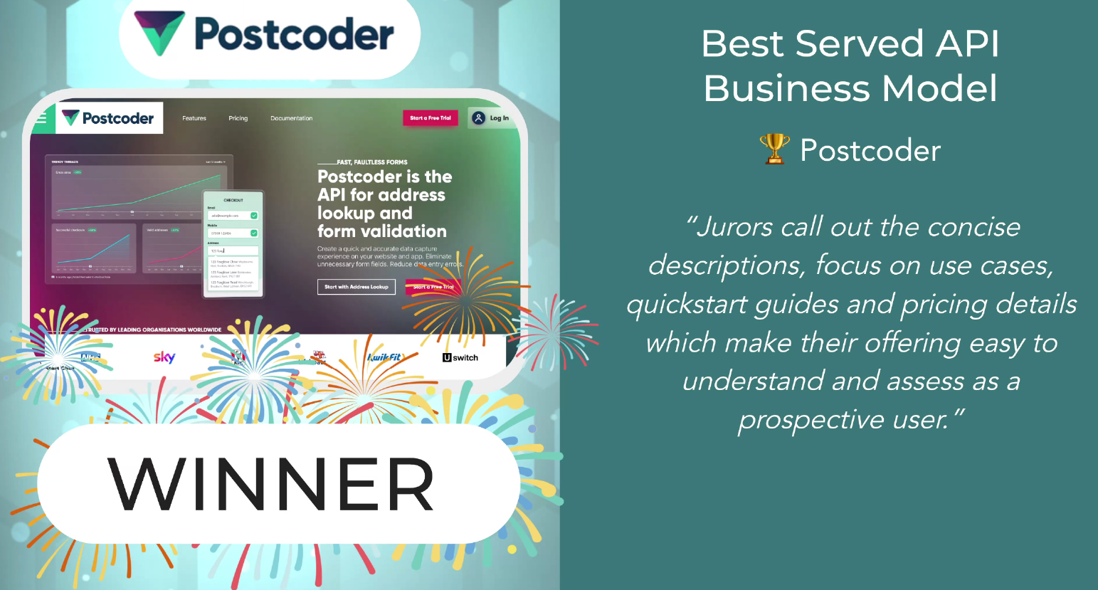 Awards ceremony slide annoucing Postcoder as the winner of the Best Served API Business Model award