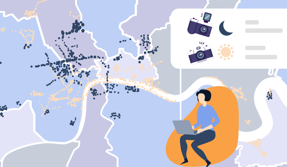 Illustration of a person on a laptop looking a map of London which shows where people have taken pictures at night, and pictures in the day