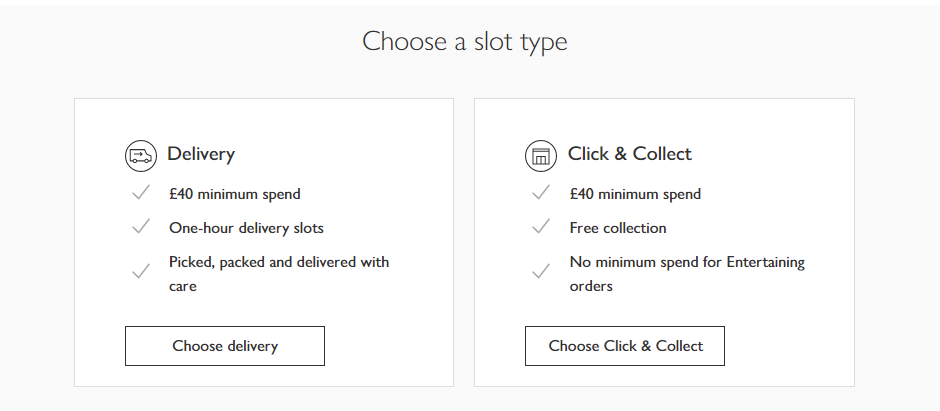screenshot from waitrose grocery shopping website showing two buttons, Choose Collection and Choose Delivery
