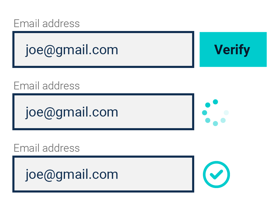 Stages of the email address jo@gmail.com being verified - a verify button, a loading wheel, and a tick