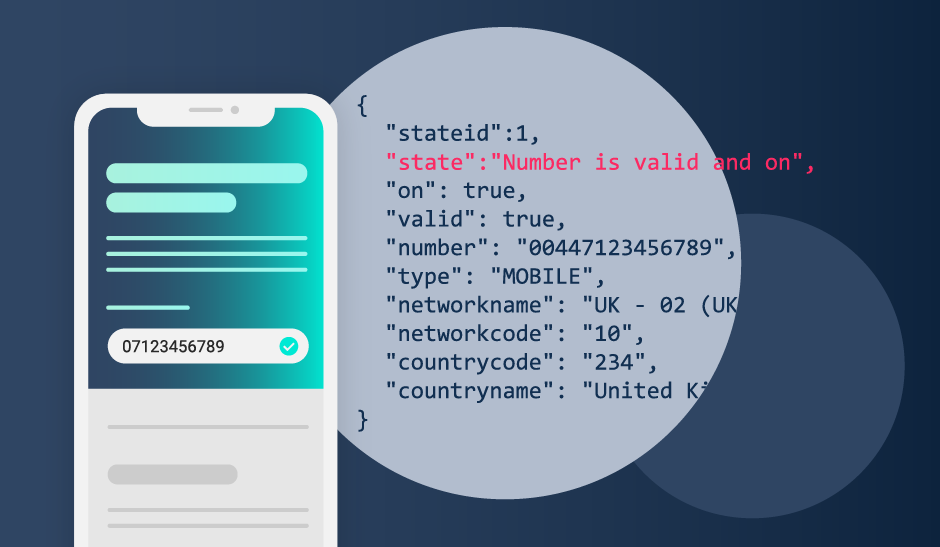 illustration of a phone next to a bubble displaying code of a successful mobile phone validation lookup