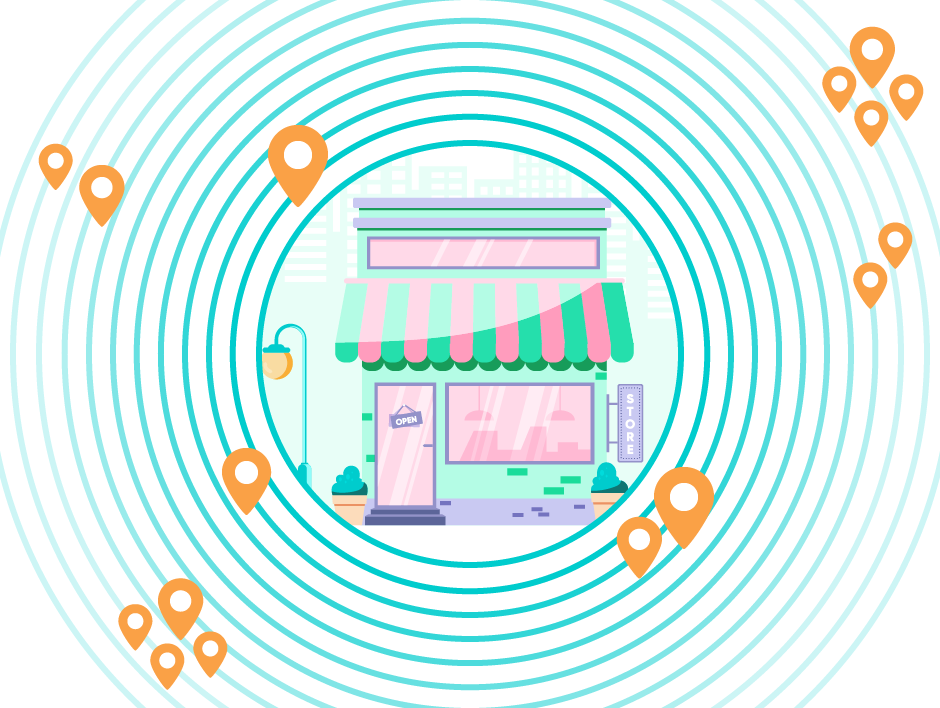 illustration of a shop front surrounded by address pin points