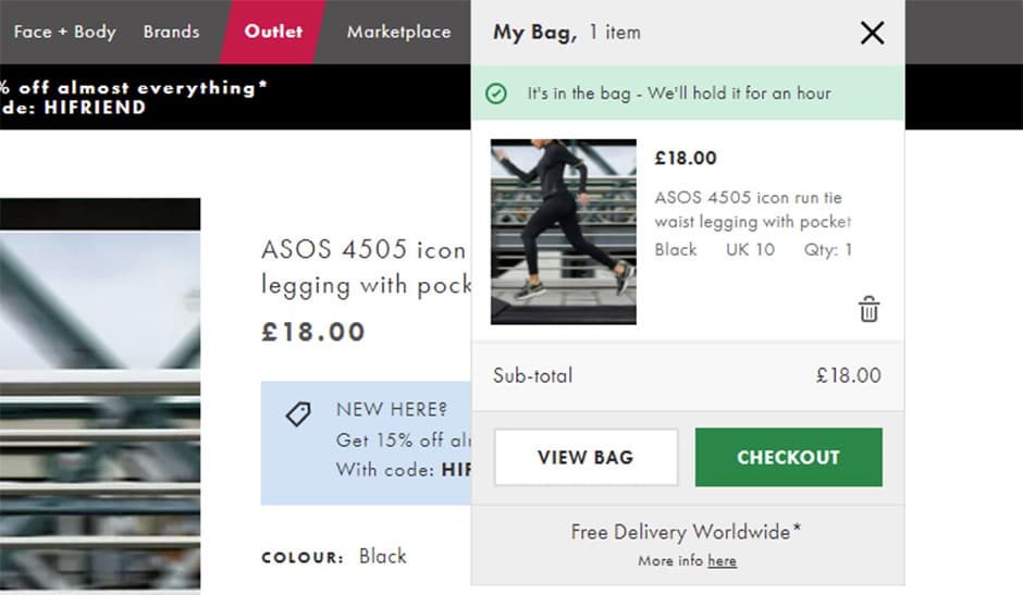 Screenshot of an ASOS basket containing a pair of jeans with an information modal warning the item will be held for 1 hour
