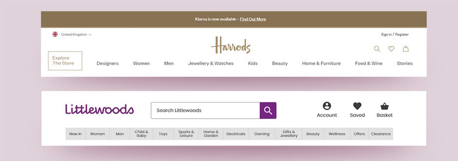 screenshots of the top level menu in the header of both the harrod and littlewoods websites