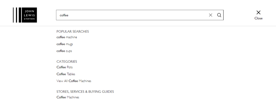Screenshot of the search function on the John Lewis website. Coffee has been searched and various coffee related items have been returned