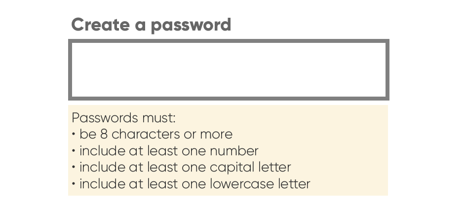 Illustration of a password field on a form with a yellow modal below stating which characters are permitted