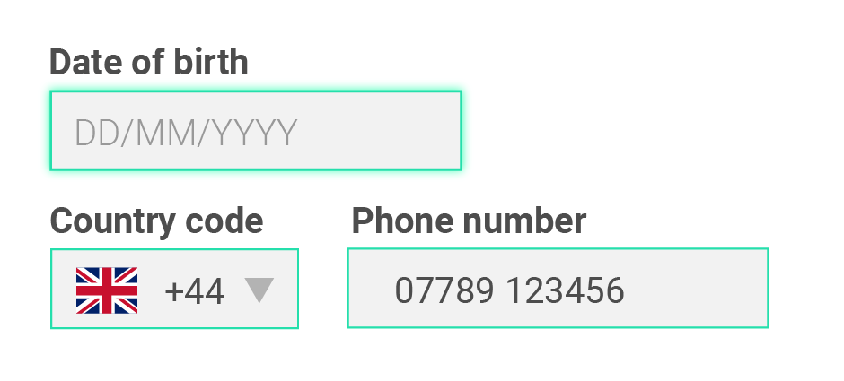 Screenshot of a date of birth and phone number form field correctly formatted